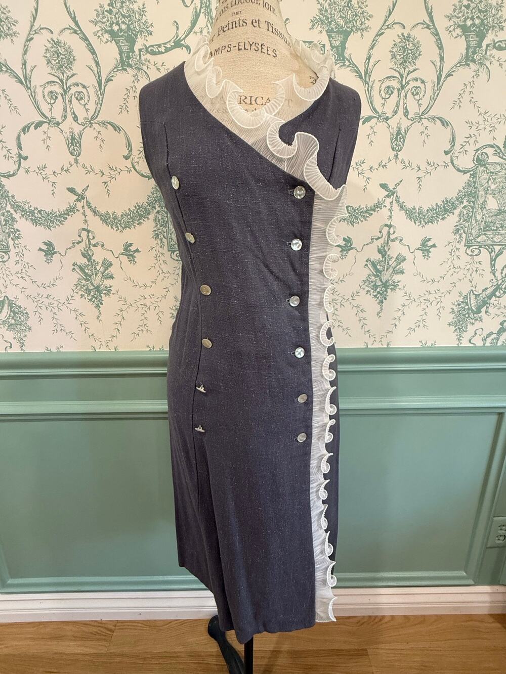 Vintage 1960’s Studio Costume Slate Blue Linen Asymmetric Ruffle Dress - Sz Med